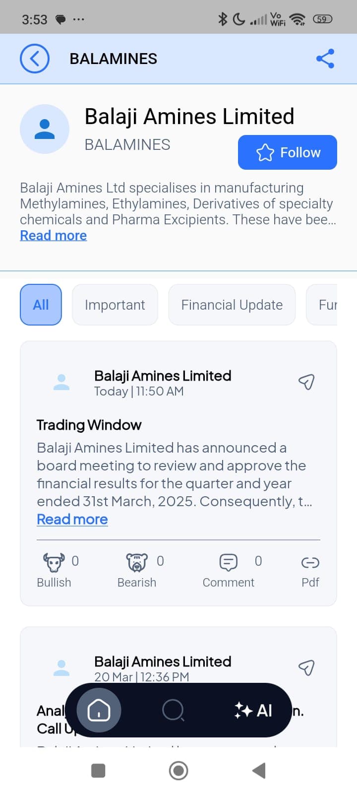 A company page with summarised filings in the Alpha Tribe app